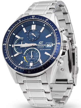 Angle shot of Casio Solar Powered Chronograph Blue EFS-S510D-2AVUEF Blue Dial Silver Stainless Steel Unisex Watch on white background