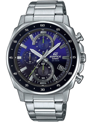 Front view of Casio Edifice Chronograph EFV-600D-2AVUEF Blue Dial Grey Stainless Steel Mens Watch on white background