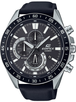 Front view of Casio Edifice Chronograph EFV-620L-1AVUEF Black Leather Mens Watch on white background