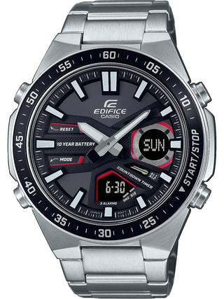 Front view of Casio Edifice EFV-C110D-1A4VEF Black Dial Grey Stainless Steel Mens Watch on white background