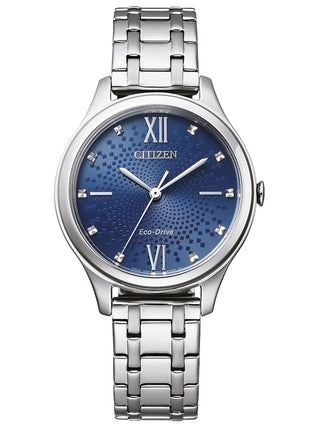 Front view of Citizen EM0500-73L Blue Dial Silver Stainless Steel Womens Watch on white background