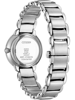 Angle shot of Citizen EM0920-86L Blue Dial Silver Stainless Steel Womens Watch on white background