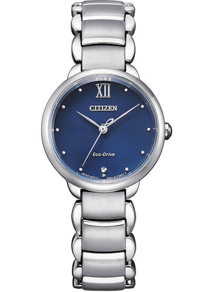 Front view of Citizen EM0920-86L Blue Dial Silver Stainless Steel Womens Watch on white background