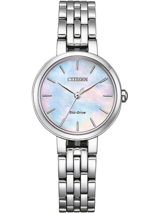 Front view of Citizen EM0990-81Y Mother Of Pearl Dial Silver Stainless Steel Womens Watch on white background