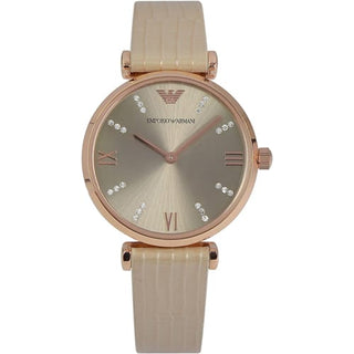 Front view of Emporio Armani Gianni T Bar AR1681 Gunmetal Dial Brown Leather Womens Watch on white background