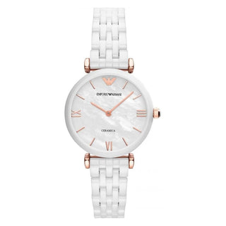 Front view of Emporio Armani Ceramica M AR1486 Mother Of Pearl Dial White Ceramic Womens Watch on white background