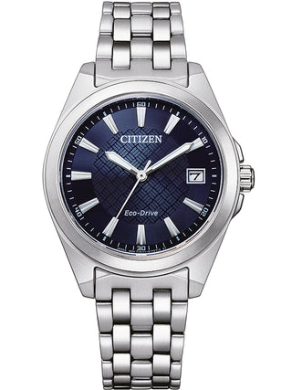 Front view of Citizen EO1210-83L Blue Dial Silver Stainless Steel Womens Watch on white background