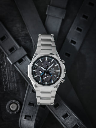 Angle shot of Casio EQB-1100D-1AER Black Dial Silver Stainless Steel Unisex Watch on white background