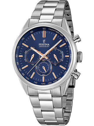 Front view of Festina Chronograph F16820/A Blue Dial Silver Stainless Steel Unisex Watch on white background