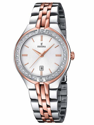 Front view of Festina F16868/2 Silver Dial Rose Gold Stainless Steel Womens Watch on white background