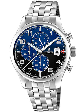 Front view of Festina Chronograph F20374/8 Black Dial Silver Stainless Steel Unisex Watch on white background