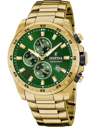 Front view of Festina Chronograph F20541/3 Green Dial Gold Stainless Steel Unisex Watch on white background