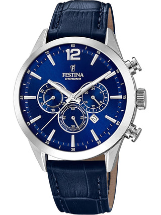 Front view of Festina Chronograph F20542/2 Blue Leather Unisex Watch on white background