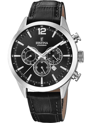 Front view of Festina Chronograph F20542/5 Black Leather Unisex Watch on white background