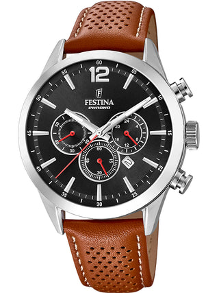 Front view of Festina Chronograph F20542/6 Black Dial Brown Leather Unisex Watch on white background