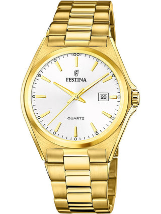 Front view of Festina F20555/2 Silver Dial Gold Stainless Steel Unisex Watch on white background