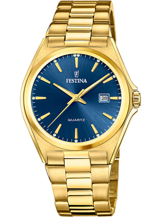 Front view of Festina F20555/4 Blue Dial Gold Stainless Steel Unisex Watch on white background