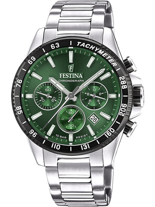 Front view of Festina Chronograph F20560/4 Green Dial Silver Stainless Steel Unisex Watch on white background