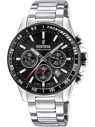 Front view of Festina Chronograph F20560/6 Black Dial Silver Stainless Steel Unisex Watch on white background