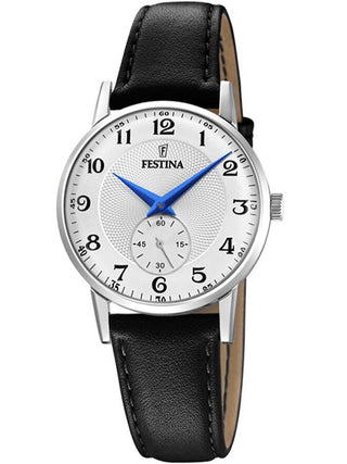 Front view of Festina F20570/1 Silver Dial Black Leather Womens Watch on white background