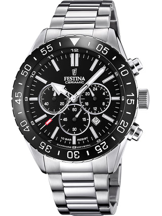 Front view of Festina Chronograph F20575/3 Black Dial Silver Stainless Steel Unisex Watch on white background