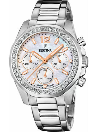 Front view of Festina Chronograph F20606/1 Silver Stainless Steel Womens Watch on white background