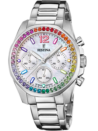 Front view of Festina Chronograph F20606/2 Silver Dial Gold Stainless Steel Womens Watch on white background