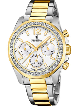 Front view of Festina Chronograph F20607/1 Silver Dial Gold Stainless Steel Womens Watch on white background