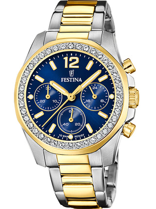 Front view of Festina Chronograph F20607/2 Blue Dial Gold Stainless Steel Womens Watch on white background