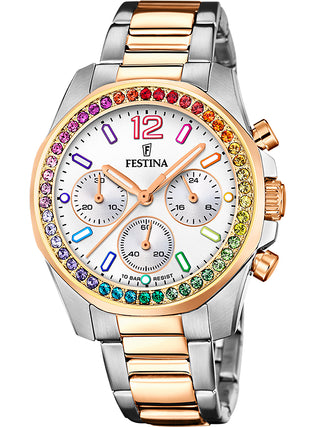 Front view of Festina Chronograph F20608/2 Silver Dial Rose Gold Stainless Steel Womens Watch on white background