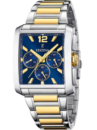 Front view of Festina Chronograph F20637/1 Blue Dial Gold Stainless Steel Unisex Watch on white background