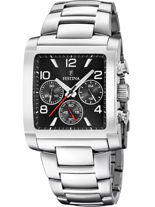 Front view of Festina Chronograph F20652/3 Black Dial Silver Stainless Steel Unisex Watch on white background