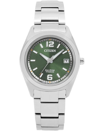 Front view of Citizen FE6151-82X Green Dial Silver Titanium Womens Watch on white background