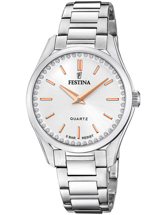 Front view of Festina F20583/1 Silver Stainless Steel Womens Watch on white background