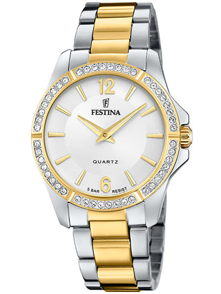 Front view of Festina F20594/1 Silver Dial Gold Stainless Steel Womens Watch on white background