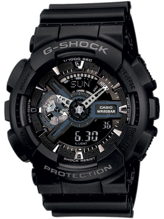 Front view of Casio G-Shock Chronograph GA-110-1BER Black Resin Mens Watch on white background