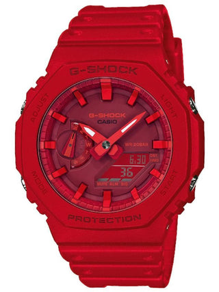 Front view of Casio Oak Red Chronograph GA-2100-4AER Red Dial Resin Unisex Watch on white background