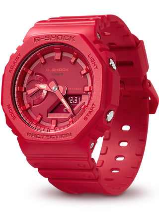 Angle shot of Casio Oak Red Chronograph GA-2100-4AER Red Dial Resin Unisex Watch on white background