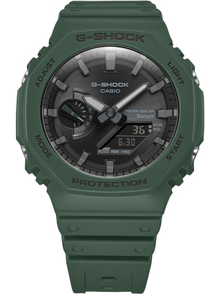 Angle shot of Casio G-Shock GA-B2100-3AER Black Dial Green Resin Mens Watch on white background