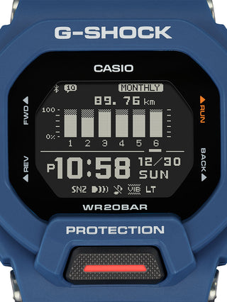 Angle shot of Casio G-Shock GBD-200-2ER Black Dial Blue Resin Mens Watch on white background