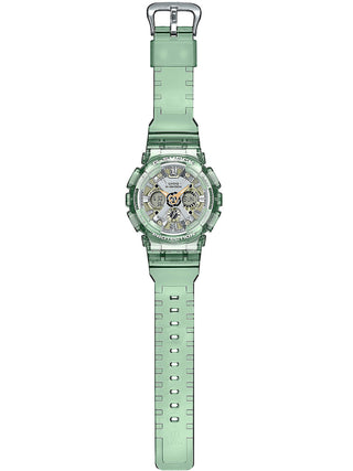 Angle shot of Casio G-Shock GMA-S120GS-3AER Grey Dial Green Resin Unisex Watch on white background