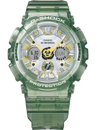 Angle shot of Casio G-Shock GMA-S120GS-3AER Grey Dial Green Resin Unisex Watch on white background