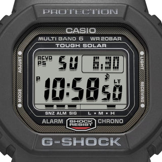 Angle shot of Casio The New Origin Multiband 6 GW-5000U-1ER Grey Dial Black Resin Unisex Watch on white background