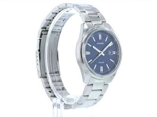 Angle shot of Casio Collection MTP-1302PD-2AVEF Blue Dial Grey Stainless Steel Mens Watch on white background