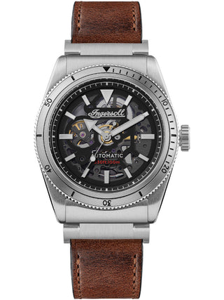 Front view of Ingersoll 1892 I13901 Black Dial Silver Leather Unisex Watch on white background