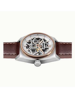 Angle shot of Ingersoll 1892 I14302 Silver Dial Brown Leather Unisex Watch on white background