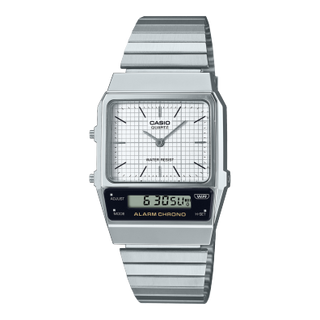 Front view of Casio Retro Vintage AQ-800E-7A White Dial Grey Stainless Steel Unisex Watch on white background