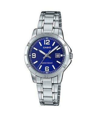 Front view of Casio Collection LTP-V004D-2B Blue Dial Grey Stainless Steel Womens Watch on white background