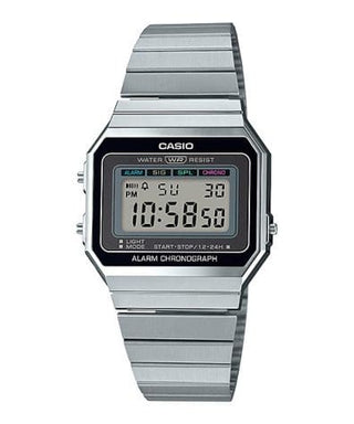 Front view of Casio Retro Vintage A700W-1A Black Dial Grey Stainless Steel Unisex Watch on white background