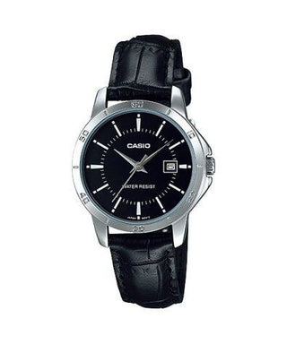 Front view of Casio Collection LTP-V004L-1A Black Leather Womens Watch on white background